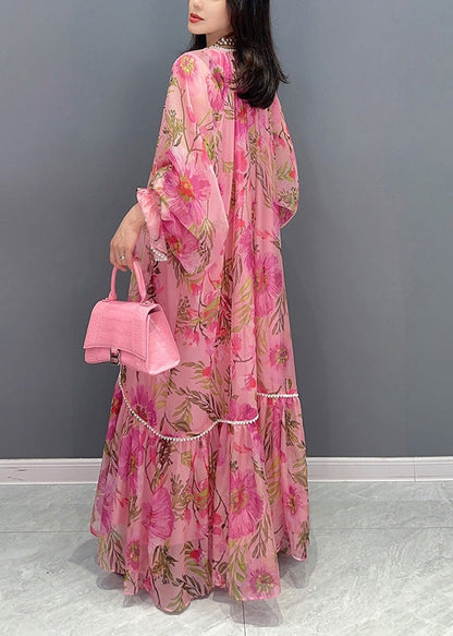 French Pink O-neck Print Nail Bead Holiday Chiffon Long Dress Summer