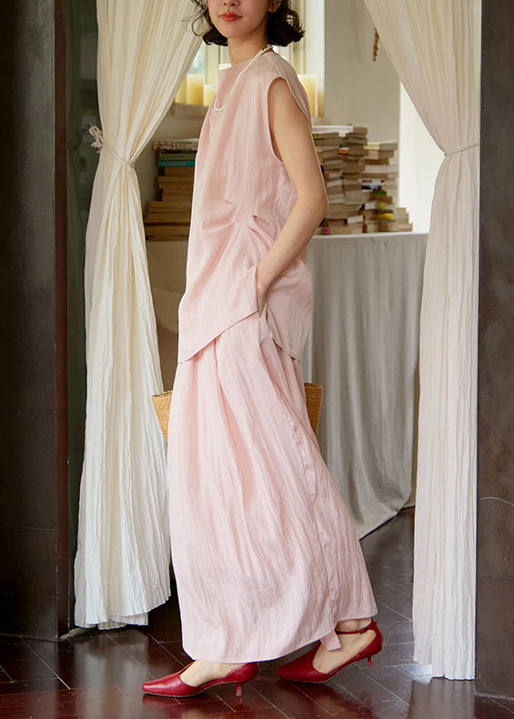French Pink O Neck Tops and Pants Cotton Two Piece Set Summer