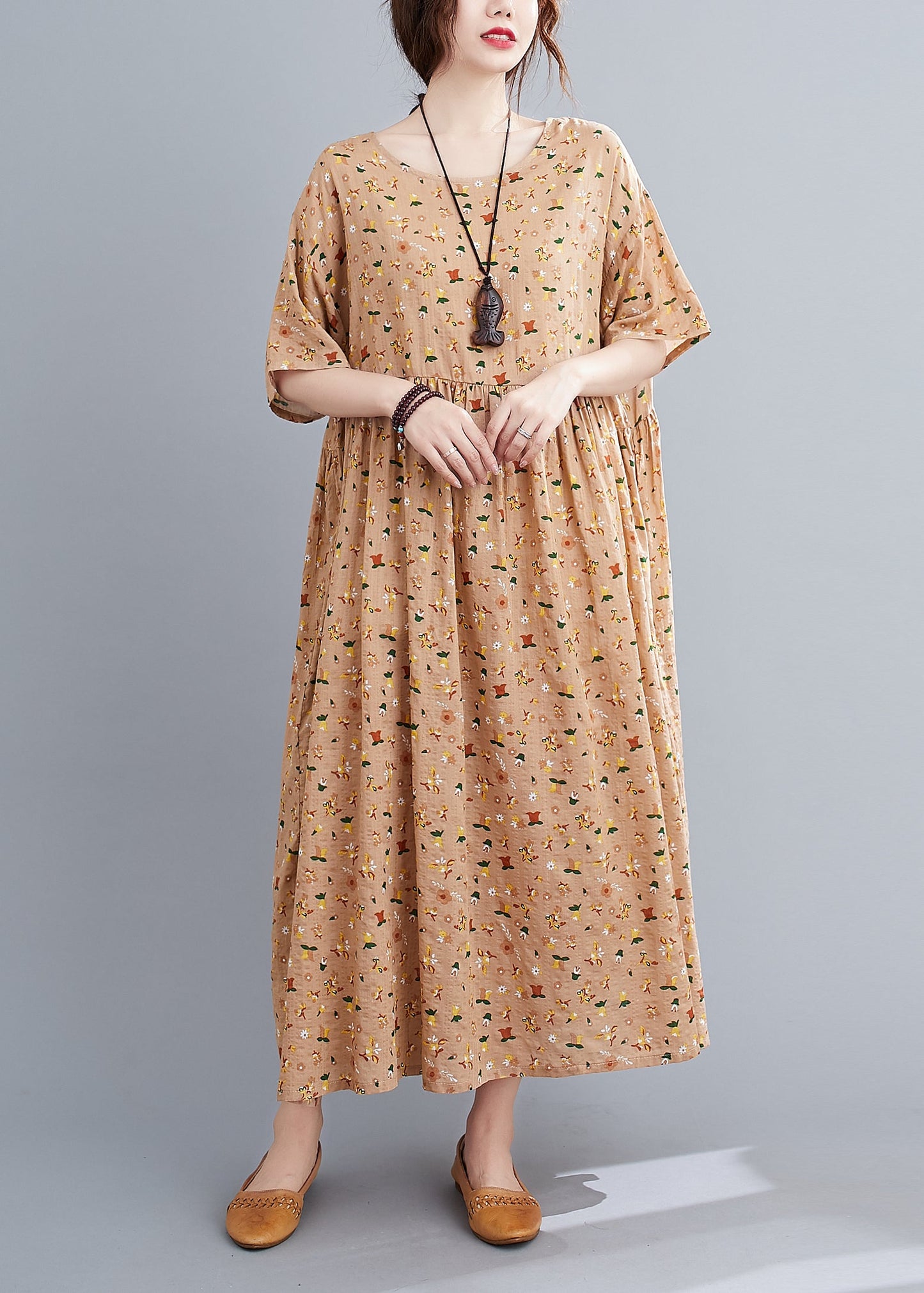 French Pink Orange O-neck Wrinkled Print Cotton Loose Dresses Short Sleeve