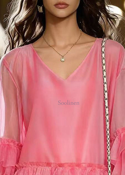 French Pink Oversized Chiffon Tea Dress Flare Sleeve