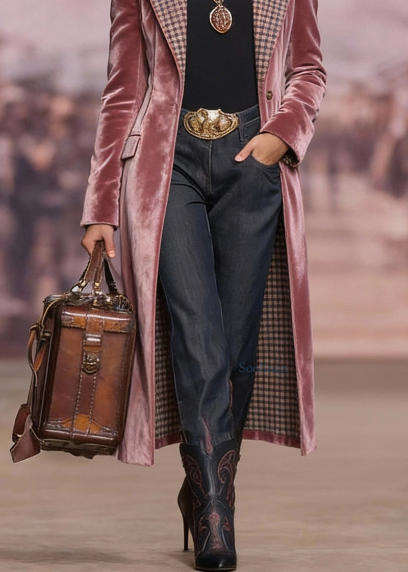 French Pink Peter Pan Collar Pockets Velvet Coats Spring