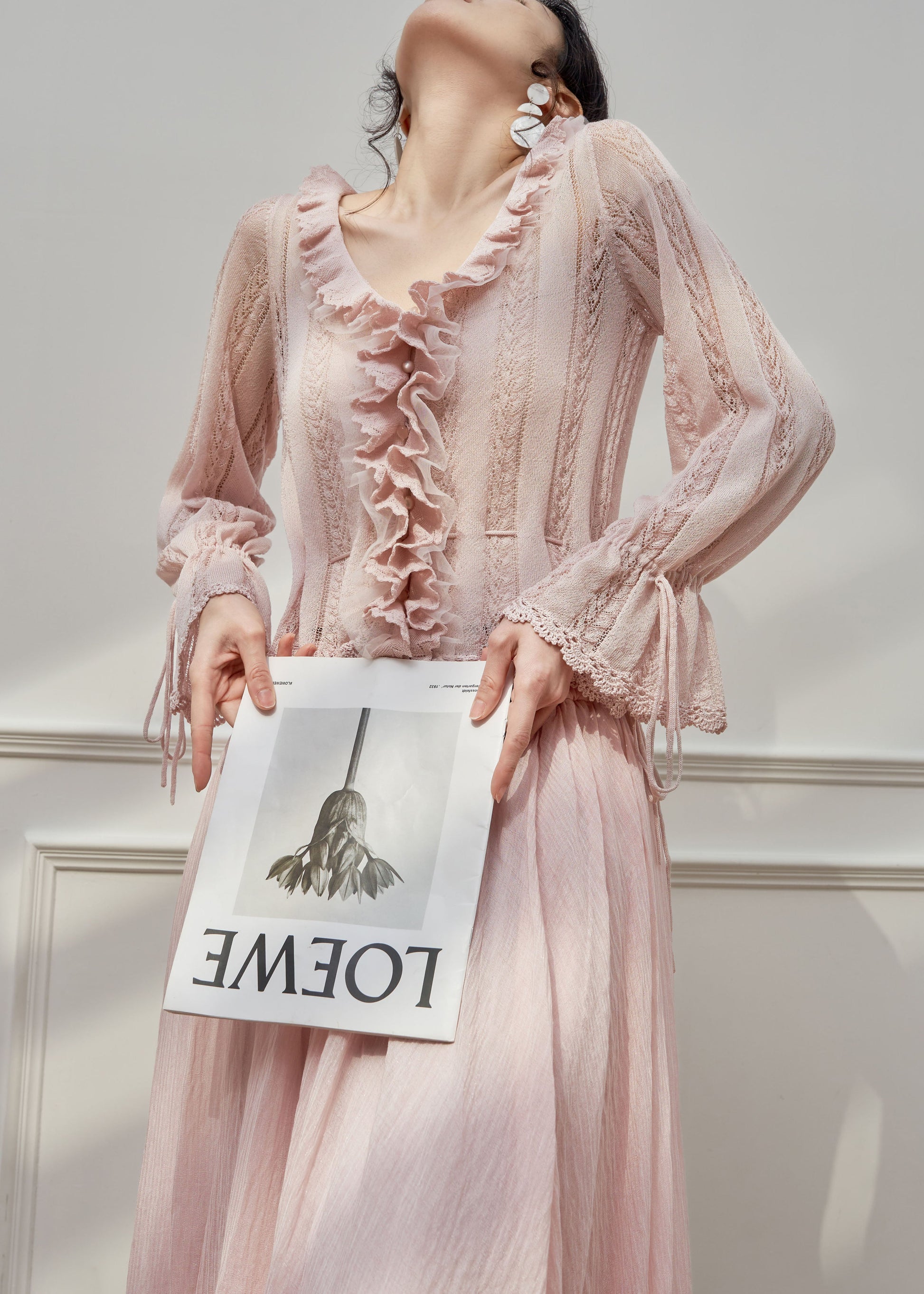 French Pink Ruffled Hollow Out Patchwork Knit Top Flare Sleeve