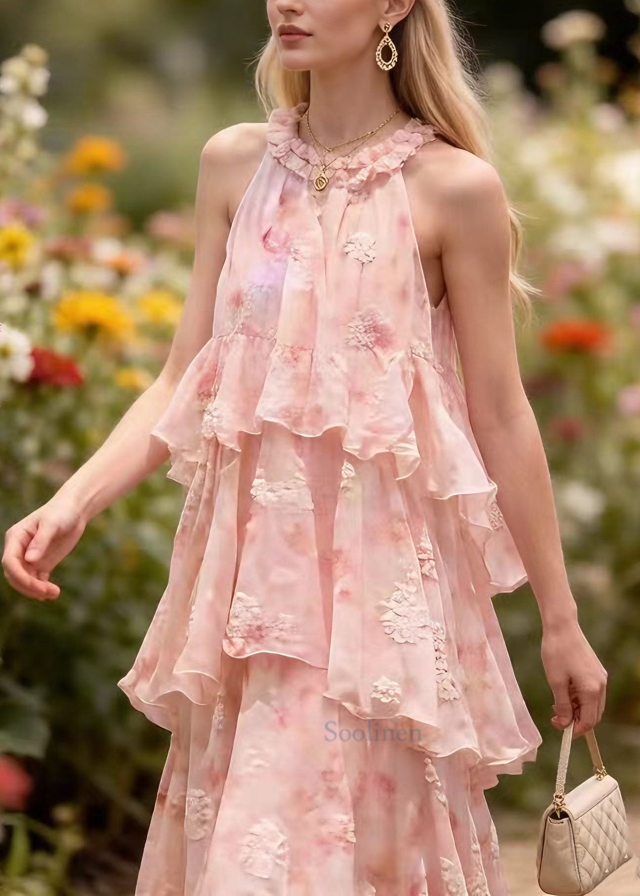 French Pink Ruffled Patchwork Chiffon Maxi Dresses Summer