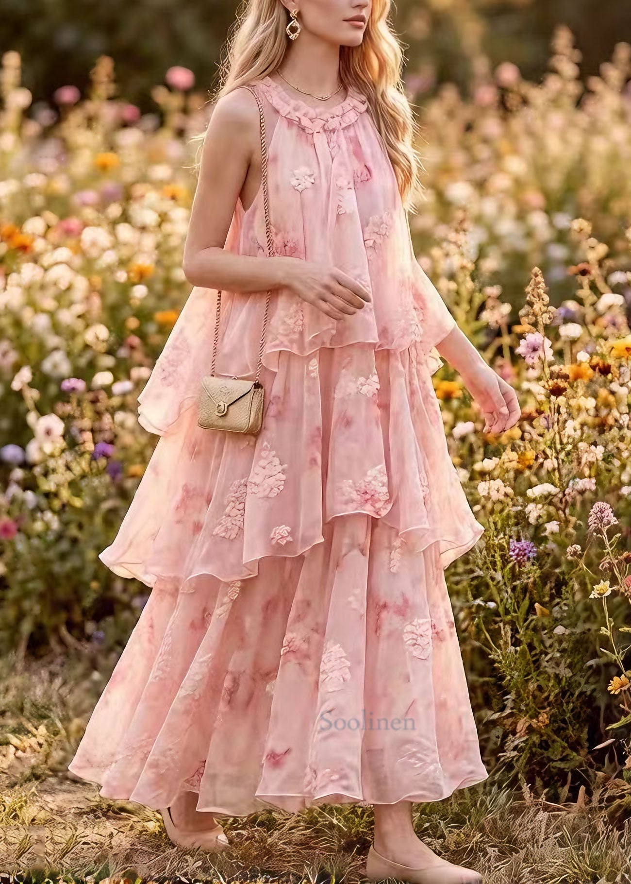 French Pink Ruffled Patchwork Chiffon Maxi Dresses Summer