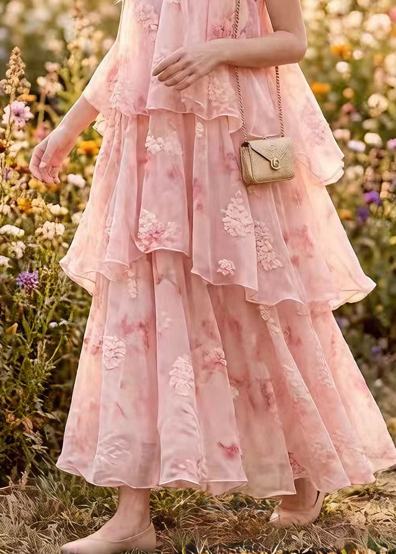 French Pink Ruffled Patchwork Chiffon Maxi Dresses Summer