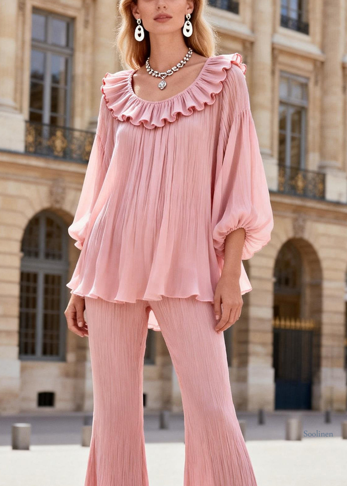 French Pink Ruffled Patchwork Chiffon Shirts and Flared Trousers Two Pieces Set Lantern Sleeve