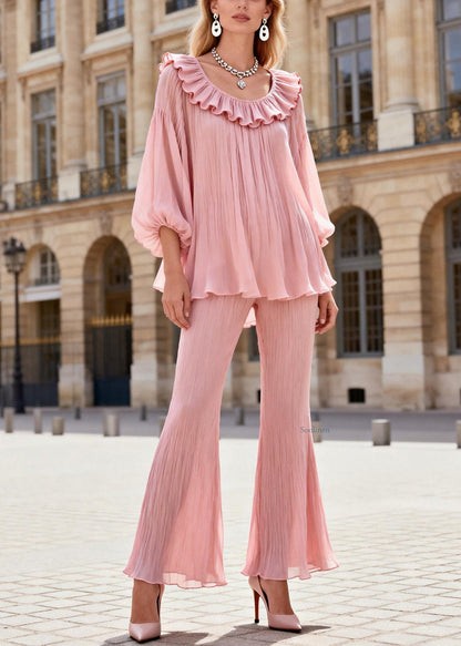 French Pink Ruffled Patchwork Chiffon Shirts and Flared Trousers Two Pieces Set Lantern Sleeve