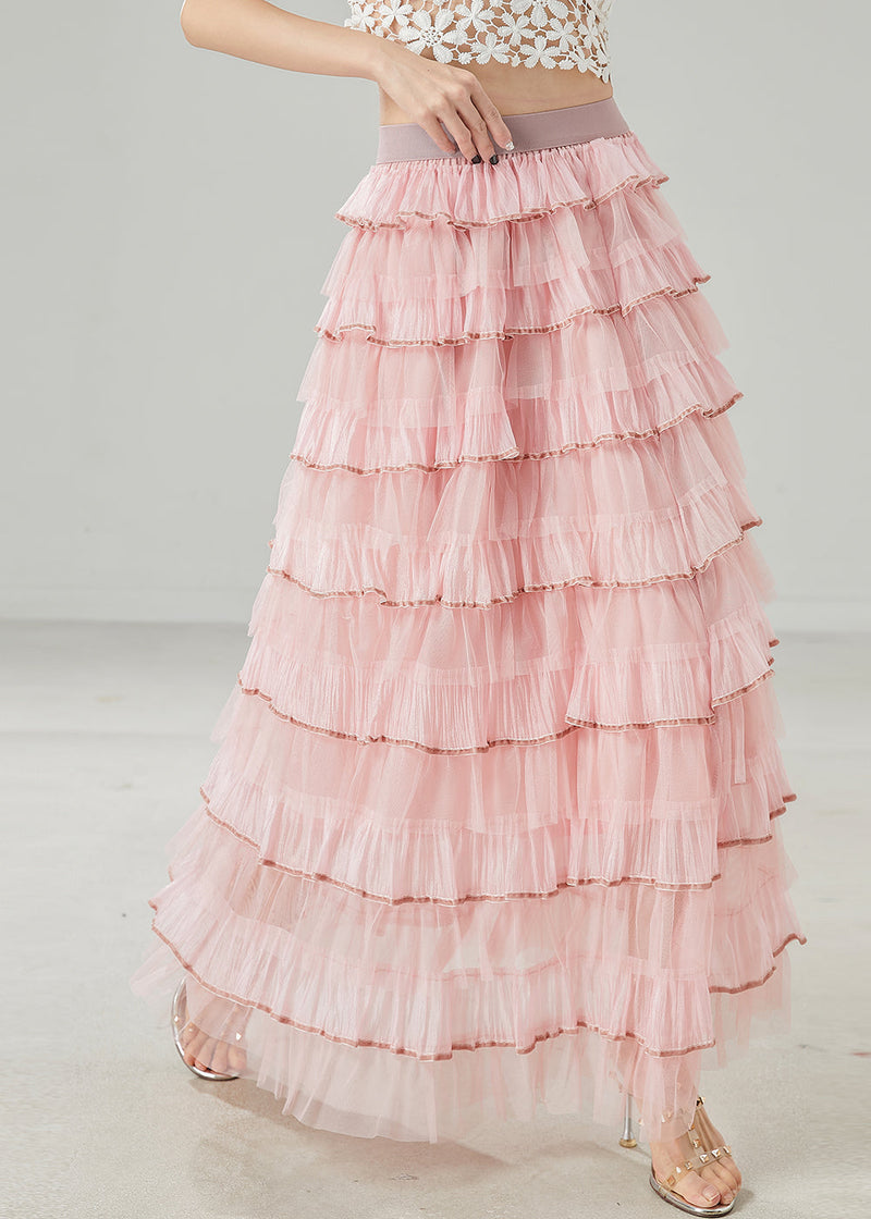 French Pink Ruffles Layered Tulle Vacation Skirt Spring