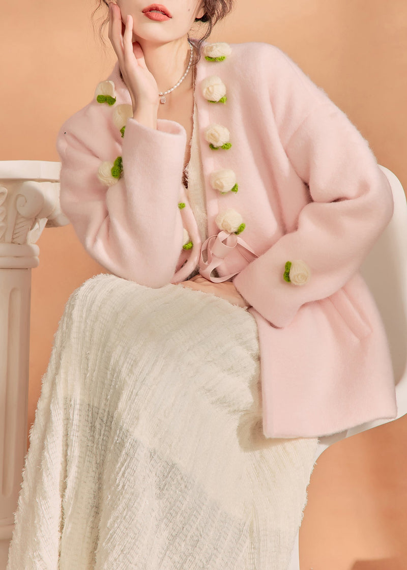 French Pink V Neck Button Woolen Coat Spring