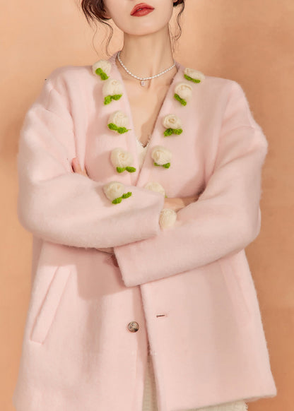 French Pink V Neck Button Woolen Coat Spring