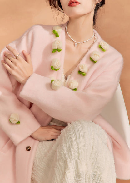 French Pink V Neck Button Woolen Coat Spring