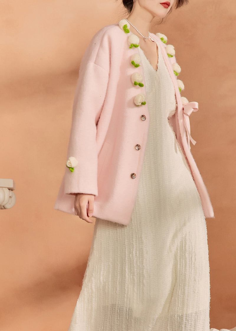 French Pink V Neck Button Woolen Coat Spring