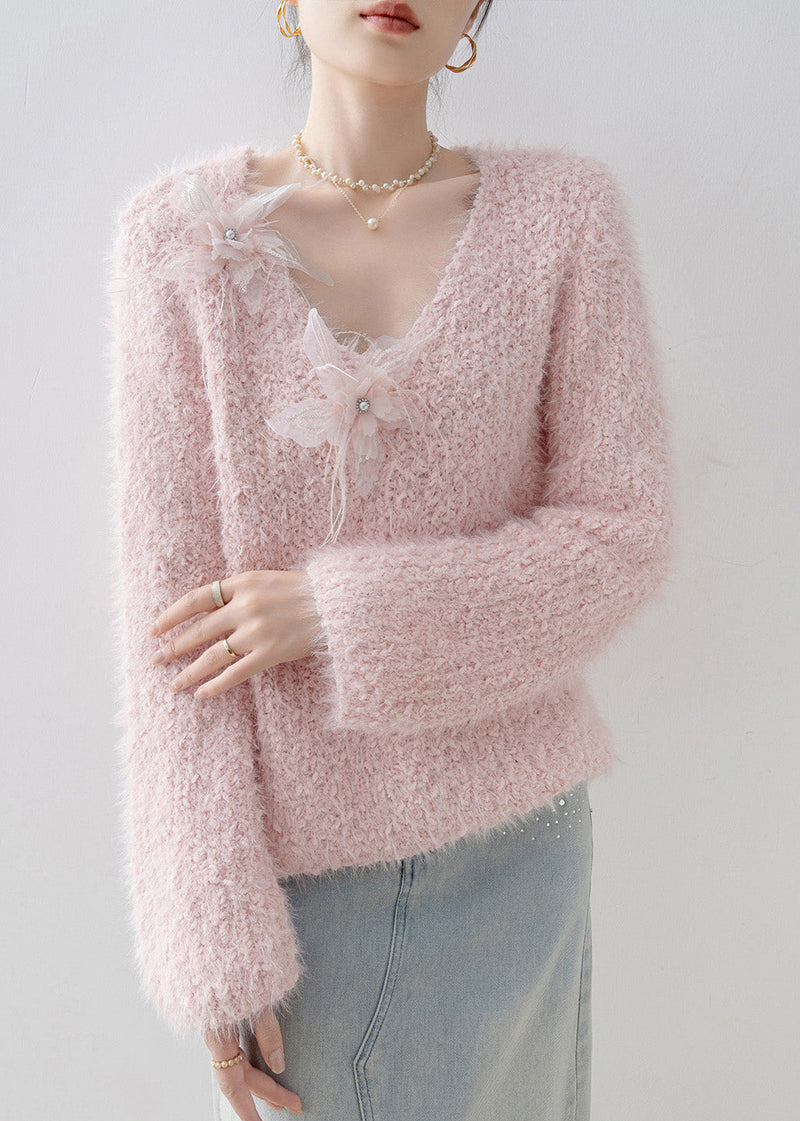 French Pink V Neck Knit Sweater Tops Spring