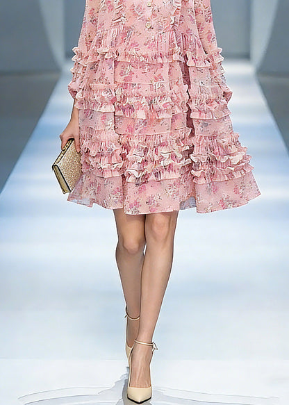French Pink V Neck Long Cake Dress Lantern Sleeve