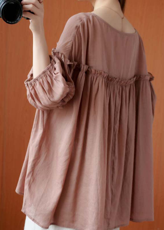 French Pink V Neck Patchwork Fall Three Quarter Sleeve Shirt Top