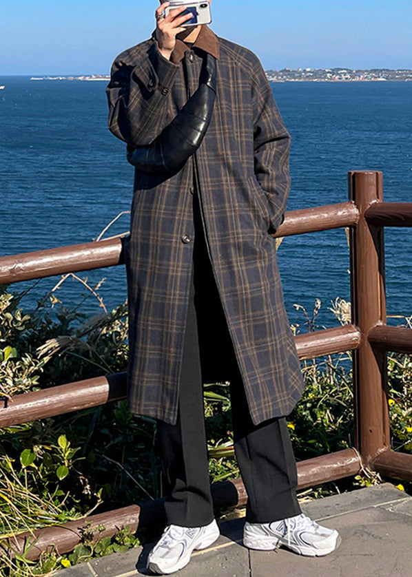 French Plaid Button Pockets Woolen Trench Coat Winter