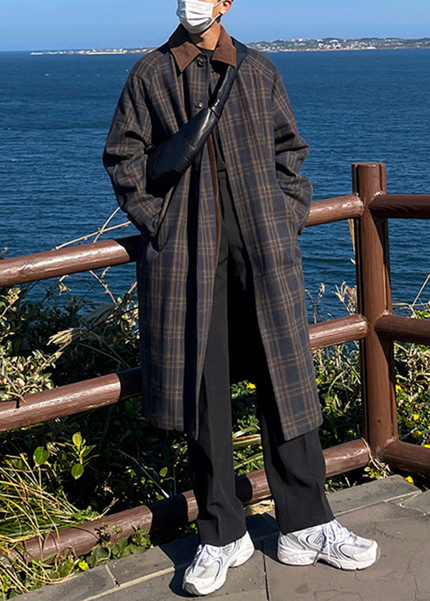 French Plaid Button Pockets Woolen Trench Coat Winter