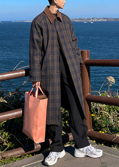 French Plaid Button Pockets Woolen Trench Coat Winter