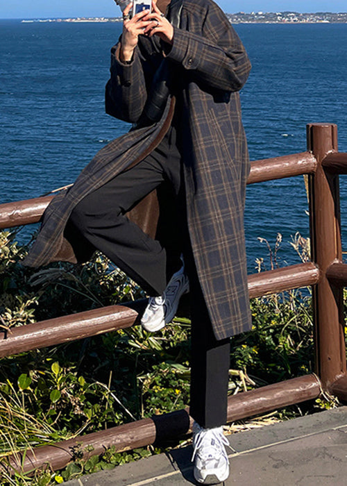 French Plaid Button Pockets Woolen Trench Coat Winter