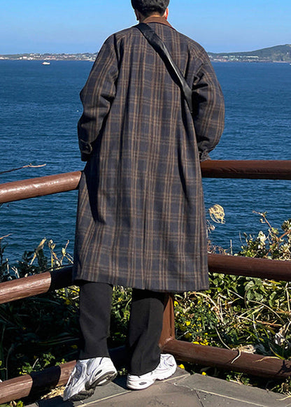 French Plaid Button Pockets Woolen Trench Coat Winter