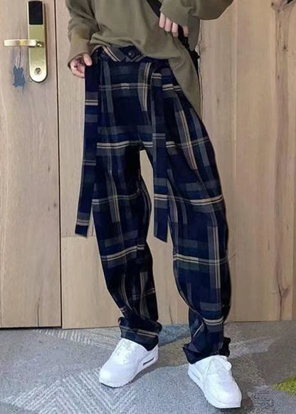 French Plaid Lace Up High Waist Cotton Pants Fall