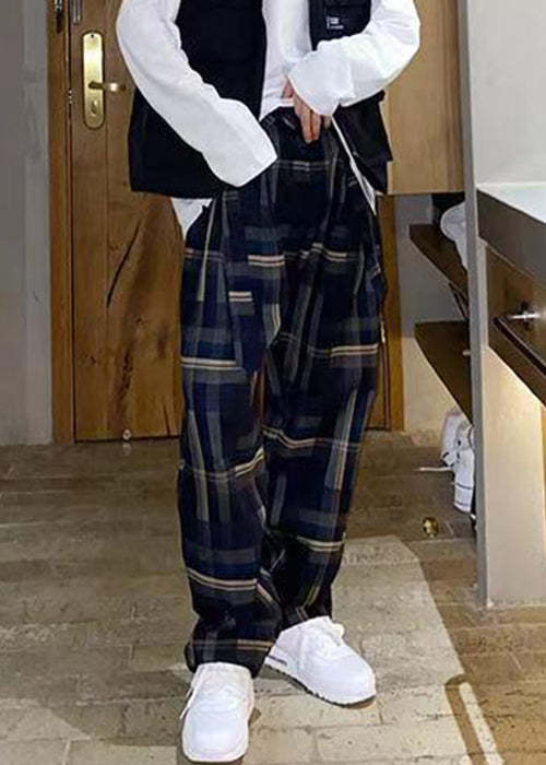 French Plaid Lace Up High Waist Cotton Pants Fall