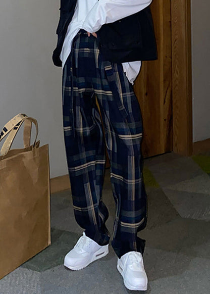 French Plaid Lace Up High Waist Cotton Pants Fall