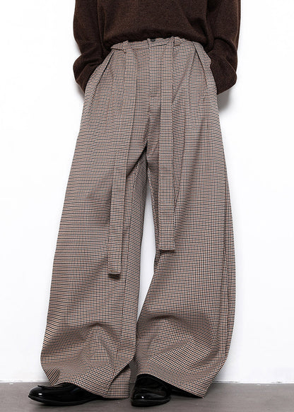 French Plaid Lace Up High Waist Cotton Wide Leg Pants Fall