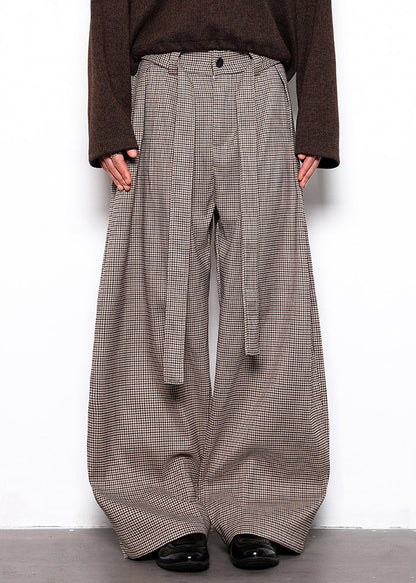 French Plaid Lace Up High Waist Cotton Wide Leg Pants Fall