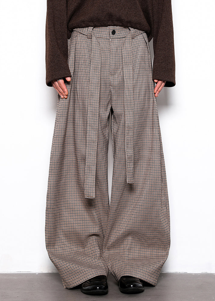 French Plaid Lace Up High Waist Cotton Wide Leg Pants Fall