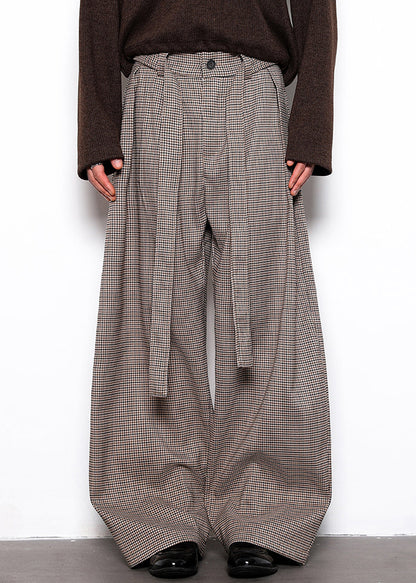 French Plaid Lace Up High Waist Cotton Wide Leg Pants Fall