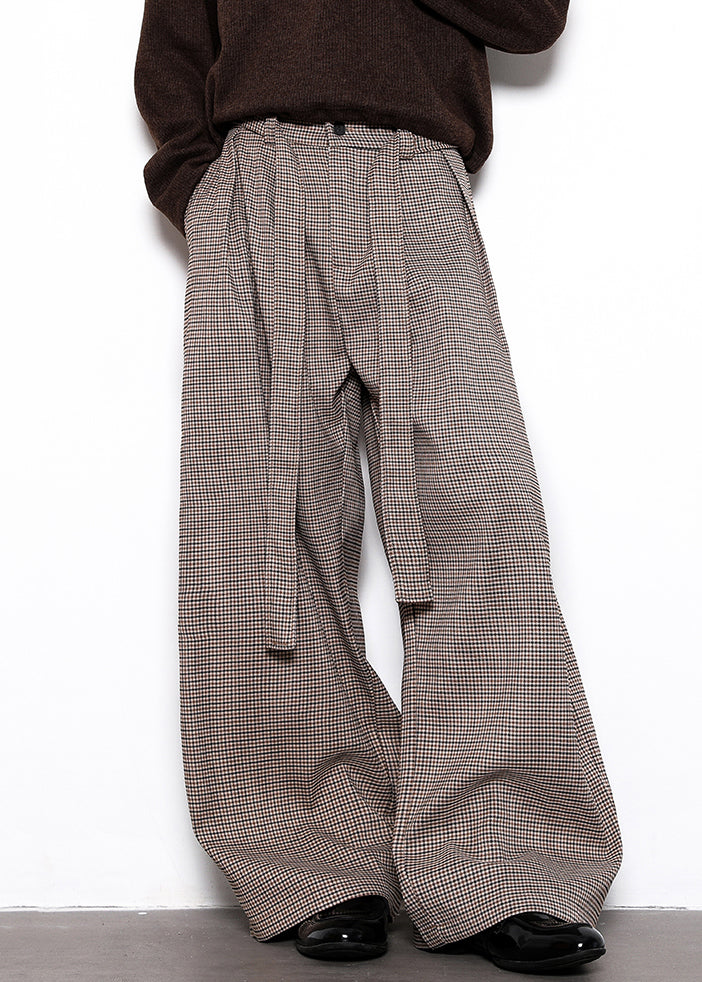 French Plaid Lace Up High Waist Cotton Wide Leg Pants Fall