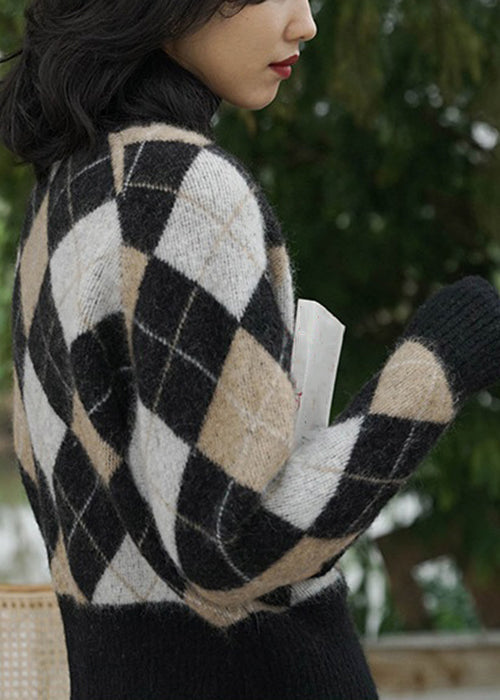 French Plaid V Neck Button Knit Coats Long Sleeve