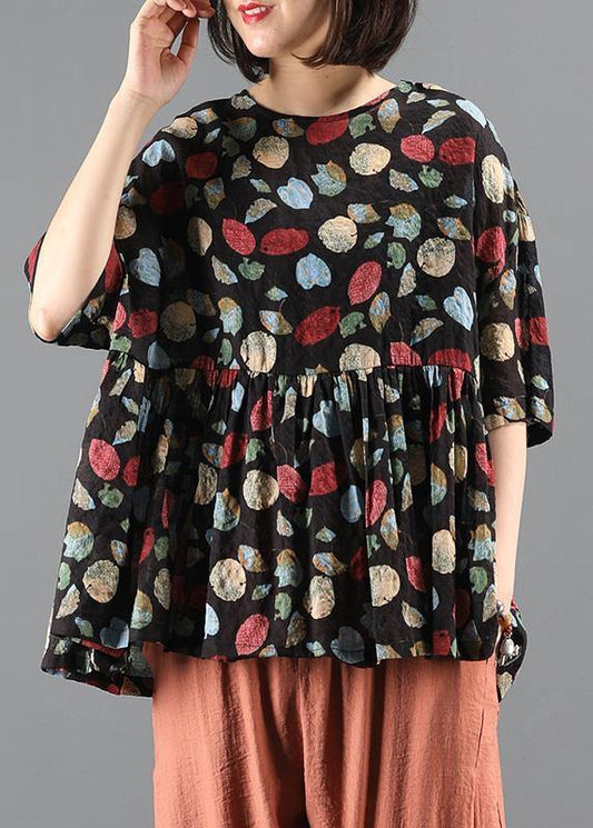French Plant Printing Top Silhouette Work Outfits O Neck Cinched Summer Blouse