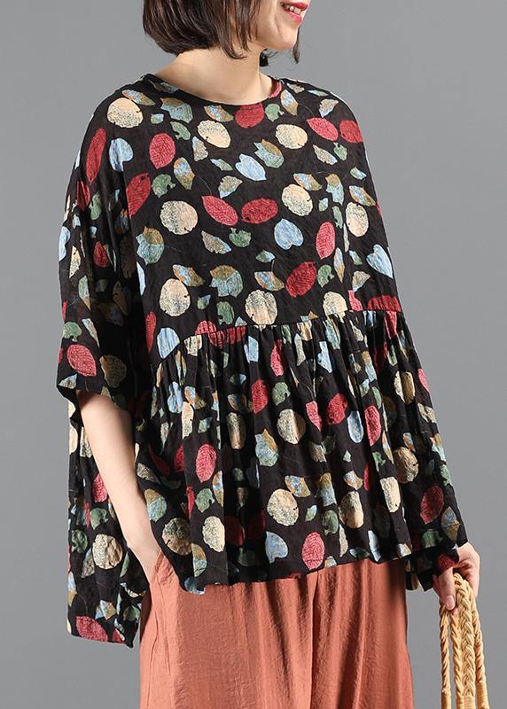 French Plant Printing Top Silhouette Work Outfits O Neck Cinched Summer Blouse