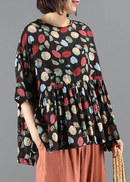 French Plant Printing Top Silhouette Work Outfits O Neck Cinched Summer Blouse
