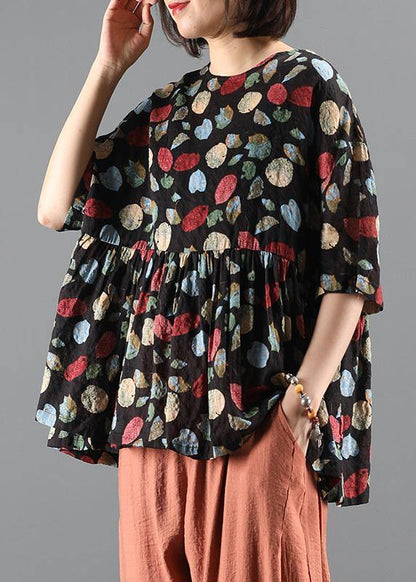 French Plant Printing Top Silhouette Work Outfits O Neck Cinched Summer Blouse