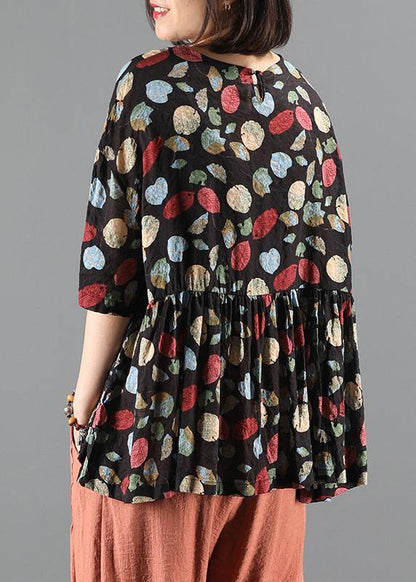 French Plant Printing Top Silhouette Work Outfits O Neck Cinched Summer Blouse