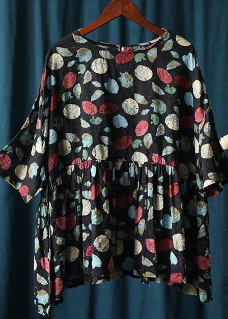 French Plant Printing Top Silhouette Work Outfits O Neck Cinched Summer Blouse
