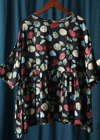 French Plant Printing Top Silhouette Work Outfits O Neck Cinched Summer Blouse