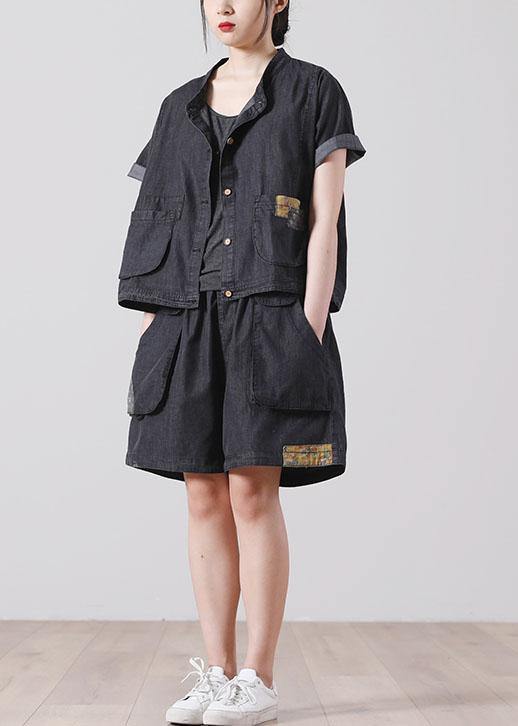 French Pockets Hot Pants Denim Black Short Sleeve Two Pieces Set