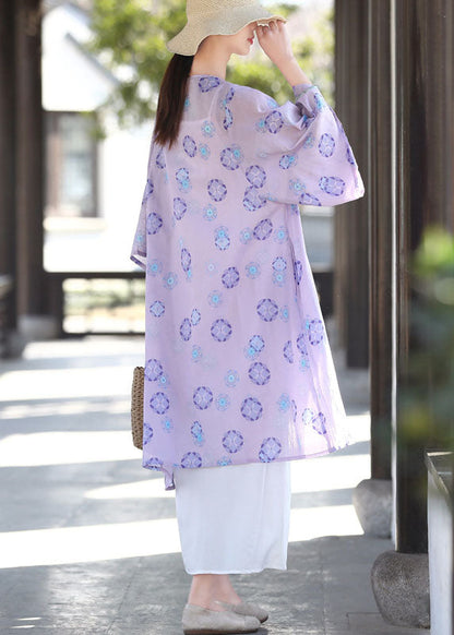 French Purple Asymmetrical Print Cotton Upf 50+ Cardigans Summer