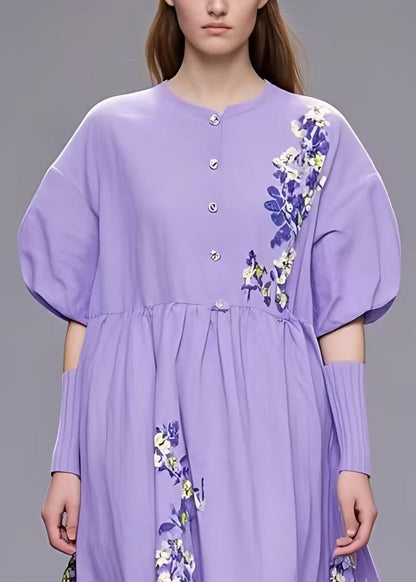 French Purple Button Print Cotton Long Dresses Summer