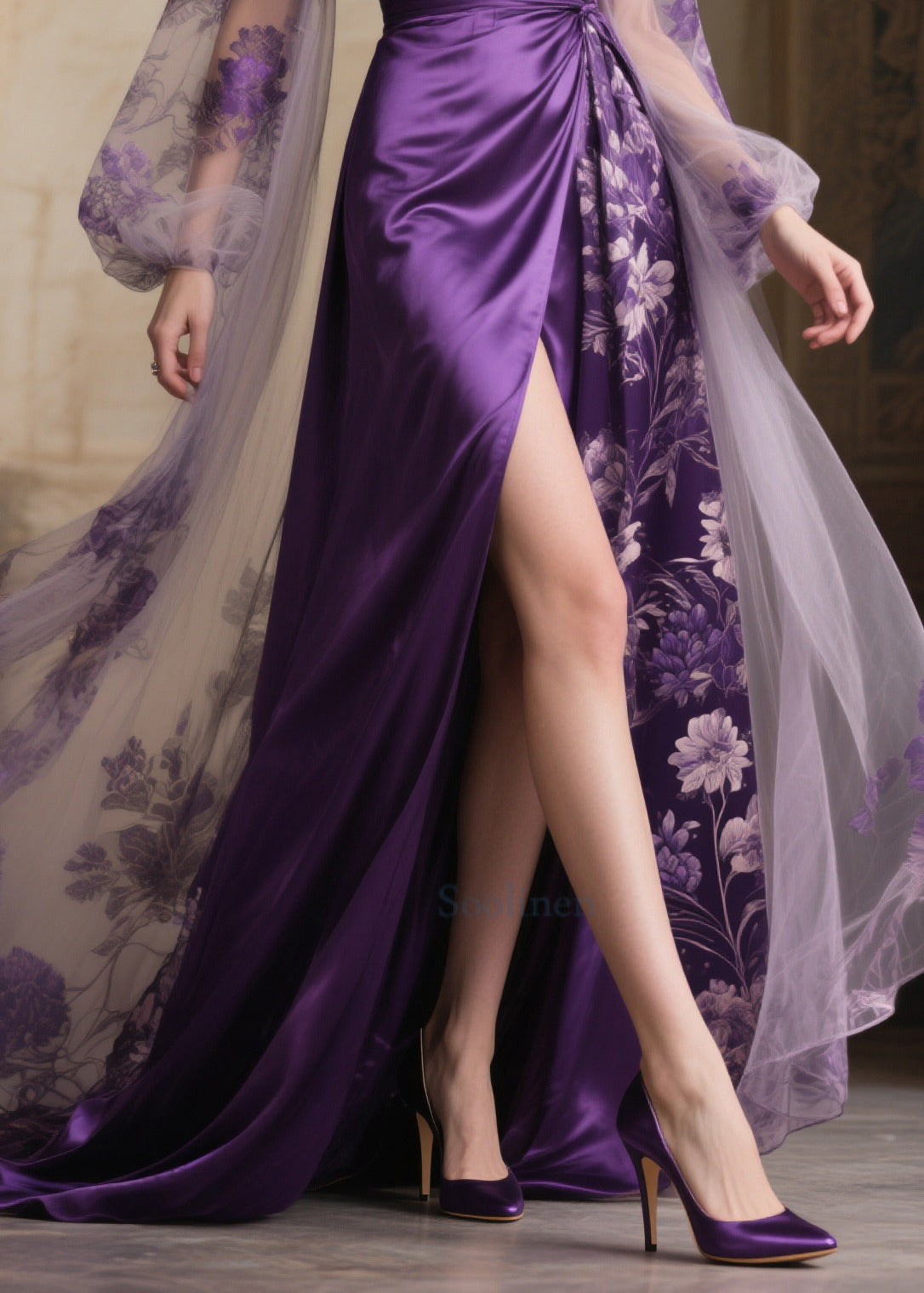 French Purple Exra Large Hem Patchwork Side Open Chiffon Evening Dress Summer