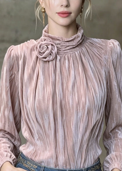 French Purple Floral Wrinkled Velour Shirt Top Spring