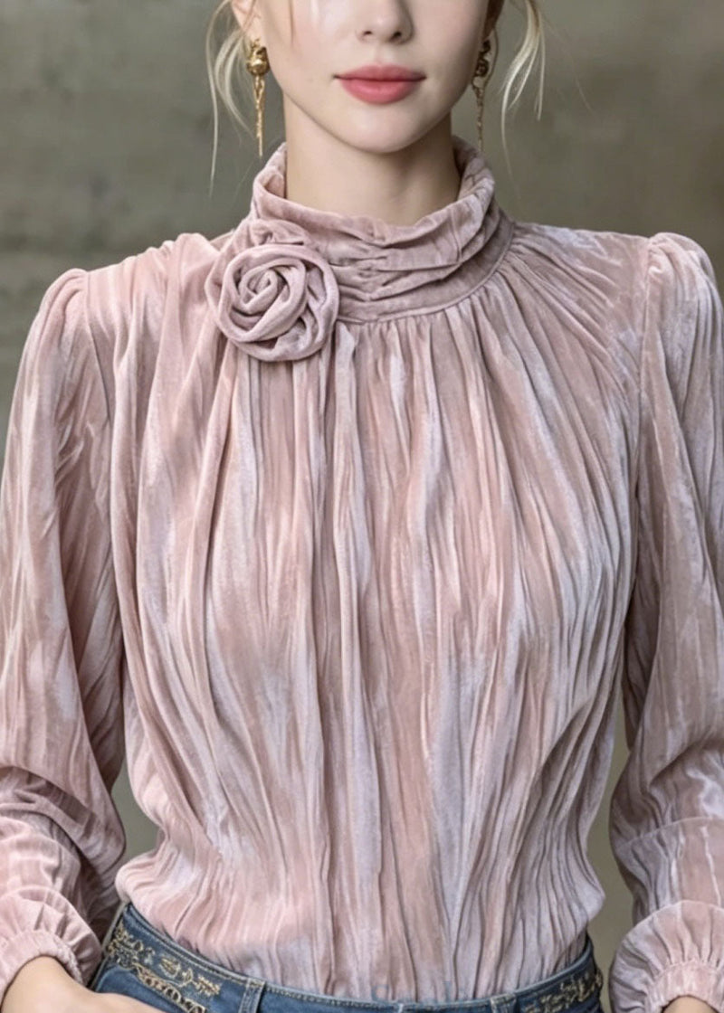 French Purple Wrinkled Velour Shirt Top Spring