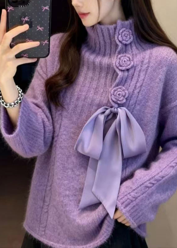 French Purple Hign Neck Knit Sweaters Winter