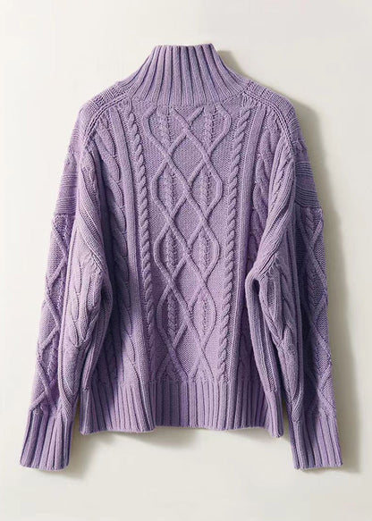 French Purple Hign Neck Patchwork Woolen Cable Knit Sweaters Winter