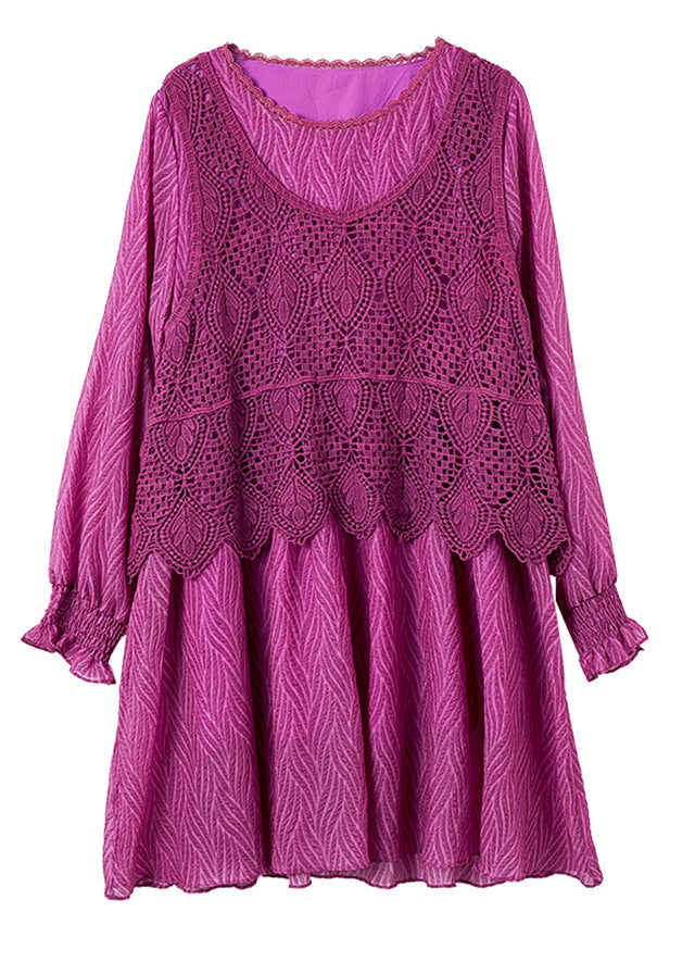French Purple Hollow Out Knit Patchwork Vacation Chiffon Mid Dresses Lantern Sleeve