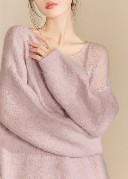 French Purple O Neck Hollow Out Woolen Sweater Tops Spring